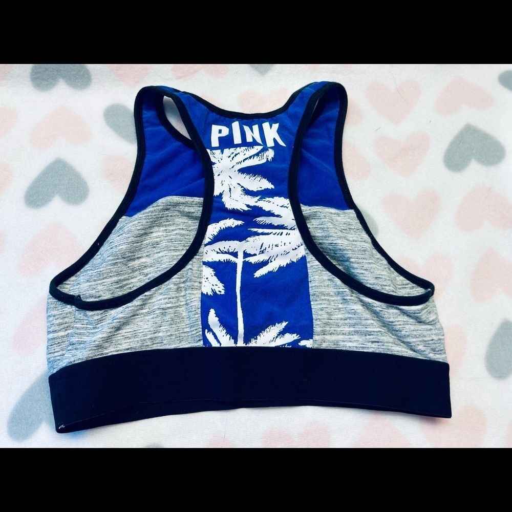 PINK Victoria's Secret‎ Sports Bra Womens Small Blue Gray Palm Tree Racerback